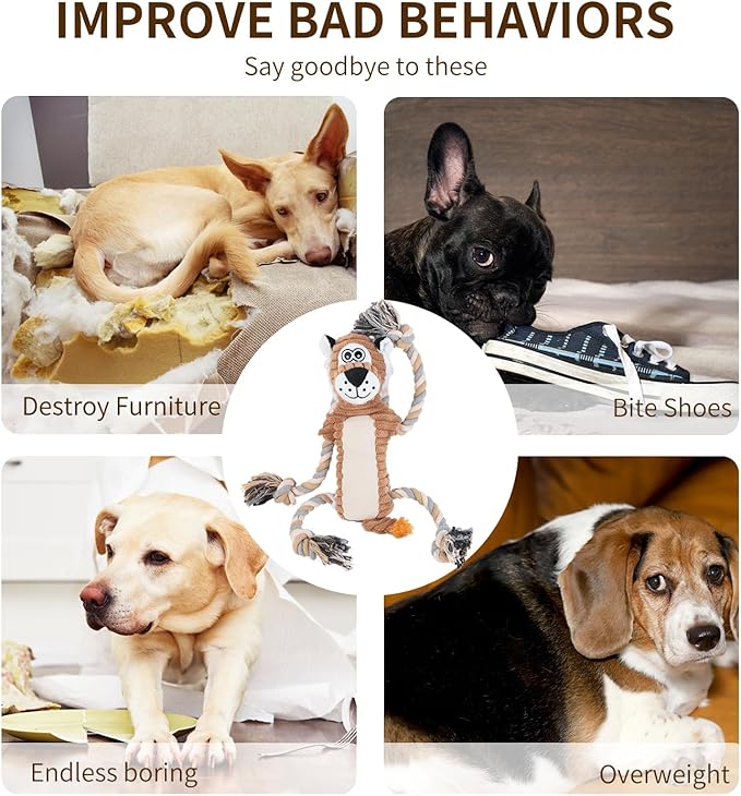 Squeaky Dog Toys Interactive Durable Rope-Infused Lion Shape Puppy Chew Toys for Small, Medium and Big Dogs