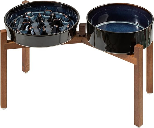 Ceramic 3.2 Cup Raised Slow Feeder Dog Bowl Set, Elevated 8.2inch Bowl and 9.5inch Slow Feeder Dish with Acacia Wood Stand for Large Dog (2 x Starry Sky+ Stand)