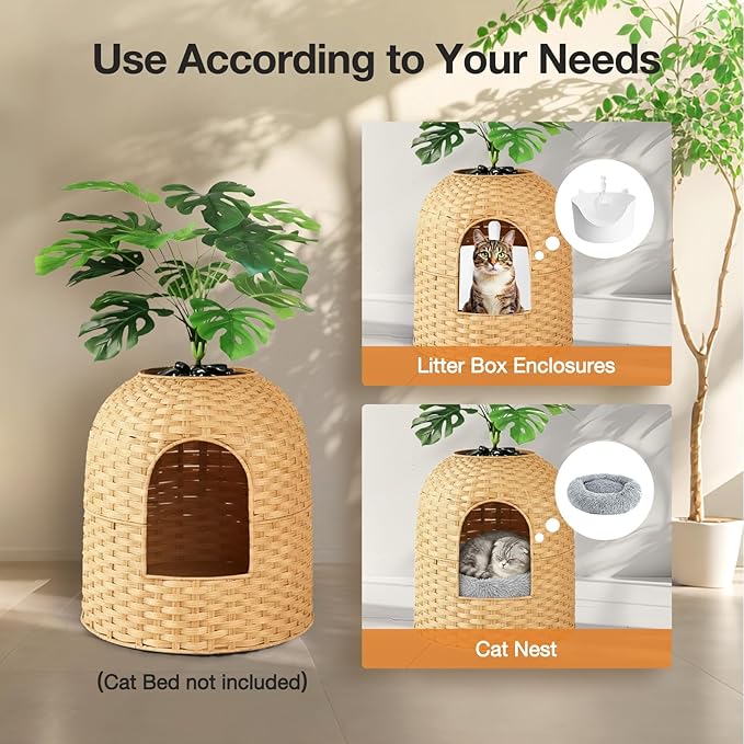 Cat Litter Box Hidden Planter Enclosure, Handwoven PE Rattan Cat Bed Cave House, Wicker Cats Toilet Furniture for Indoor Corner Living Room Bedroom Balcony