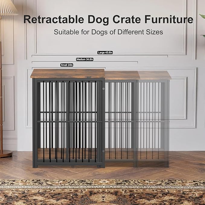 Large Dog Crate Furniture for Large Dogs, Retractable Dog Kennel Furniture, Wooden Dog Kennel Indoor, Heavy-Duty Dog Cage Furniture with 3 Levels of Adjustable Size,45.6" L, XL, Rustic Brown