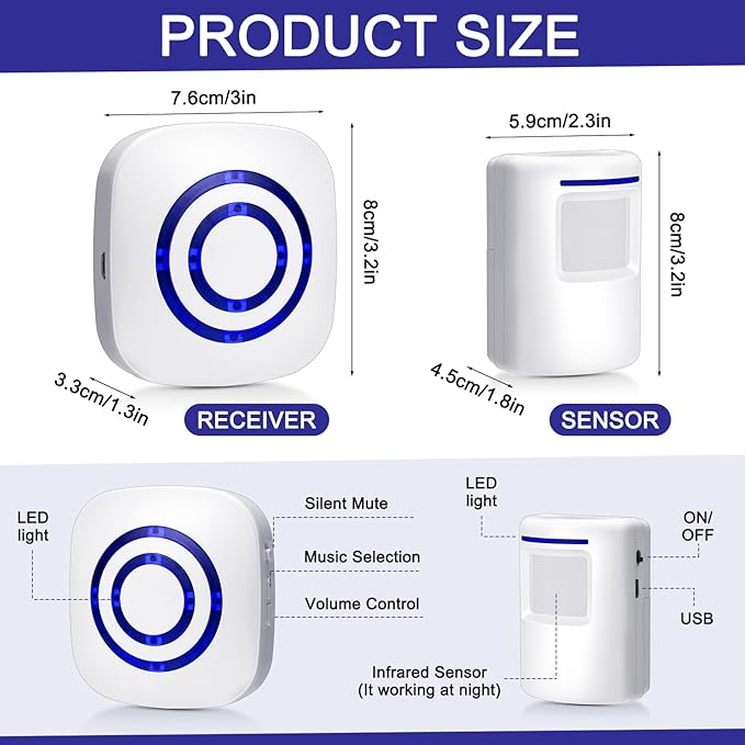 Mimorou Motion Sensor Alarm Wireless Driveway Alarm Indoor Home Motion Detector Long Range Security Alert Monitor System with 6 Sensor and 3 Receiver, 38 Chime Tunes and LED Indicators