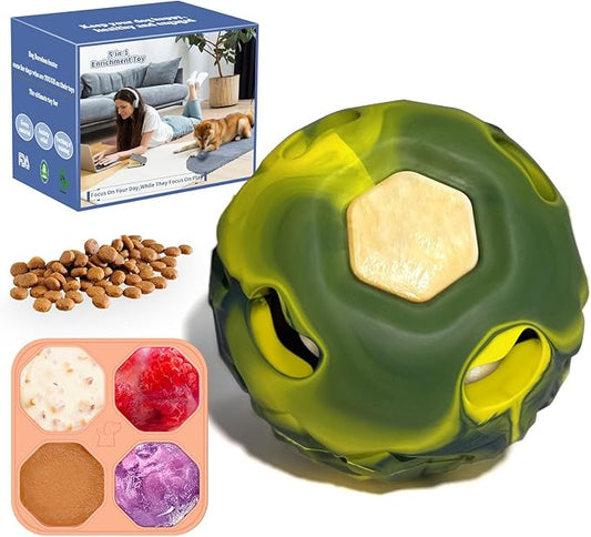 5-in-1 Dog Enrichment Toy – Bite & Brush Freeze Ball, Dog Toys, Interactive Chew Toy for Large Aggressive Chewers (25-85 lbs), Freezable Bone for Dogs, Homemade Treat Dispenser (Green, Large)