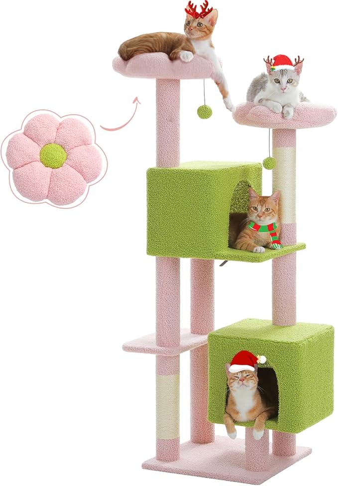 Flower Cat Tree, 52.4 Inch Multi-Level Cat Tower for Indoor Cats with Dual Top Perches, 2 Condos & Scratching Posts, Plush Cat Furniture for Kittens and Medium Cats, Pink