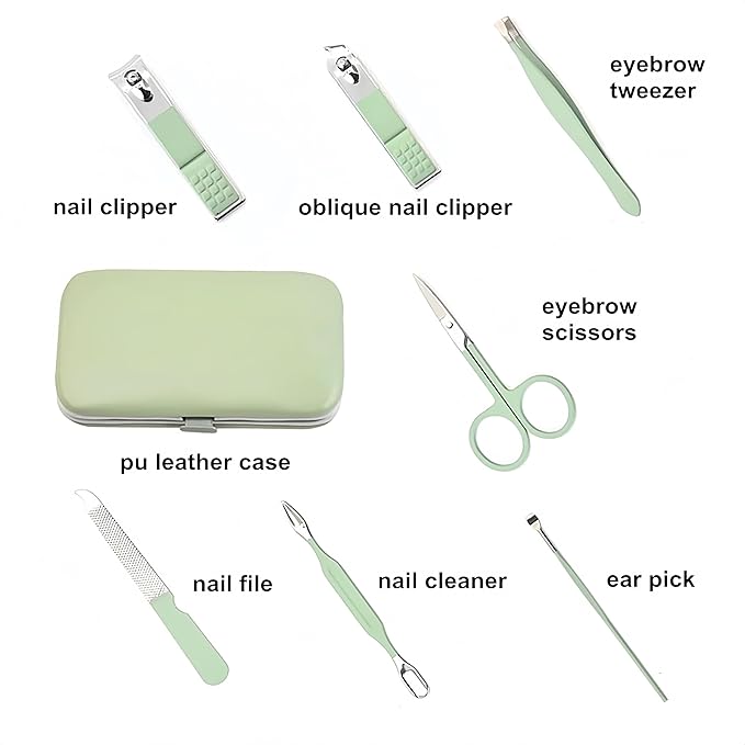 7pcs Manicure Set, Nail Clippers Kit, Stainless Steel Manicure Kit, Nail Clipping Tools Portable Travel Grooming Kit, The Best Gift with Luxurious Case (Green)