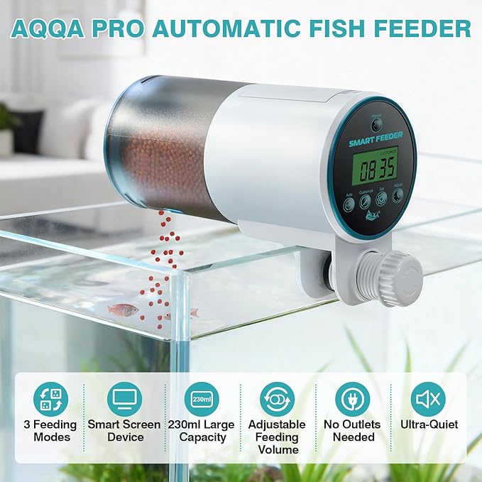 AQQA Automatic Fish Feeder for Aquarium - Programmable Auto Fish Food Dispenser, 230ML Large Capacity Smart Vacation Weekend Tank Timer Feeder for Turtle Betta Goldfish Koi (Upgrade Customizable)