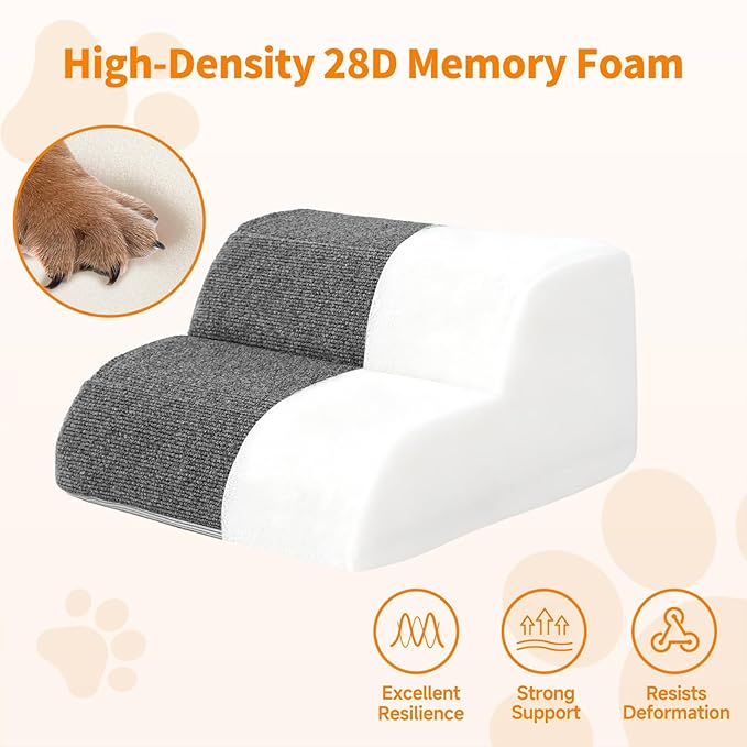 2-Steps Dog Stairs for Bed and Couch, Wider Pet Stairs for Small Old Large Dogs Cats, 30°Steady Non-Slip Dog Steps, Washable Dog Ramp with Removable Cover, PE Boards