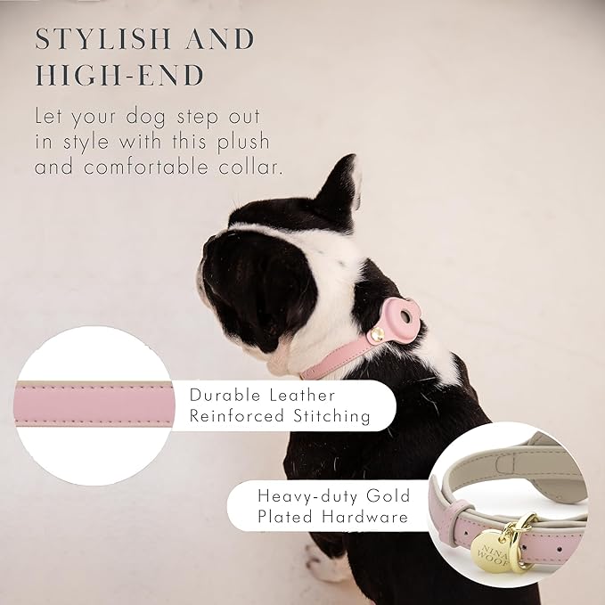 NINA WOOF Cupertino Dog Collars, Harnesses & Leashes Made from Vegan Leather with Dog Tracker Device Holder Adjustable Dog Collar (Extra Small (Neck: 9x12), Pink)