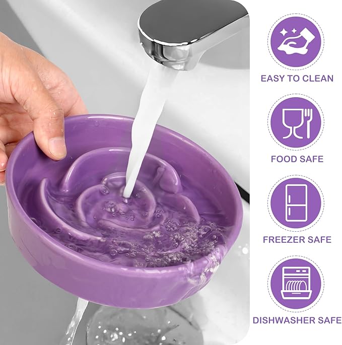 TRUVIC Ceramic Slow Feeder Dog Bowls, 1.5 Cup Puzzle Slow Feeder Bowls for Fast Eaters, Ceramic Dog Food Dish no Black Chin, Puzzle Bowl for Medium Dogs, Purple