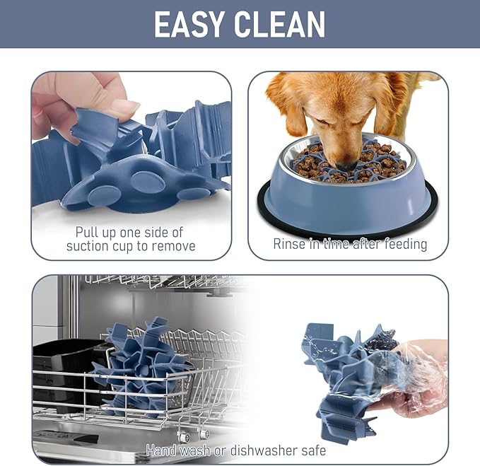 Slow Feeder Insert for Dog Bowl with Upgraded Big Suction Cups Anti-Slip, Cuttable 4.7-7in Anti-Chocking Extra-Slow Feeding Fits Standard Metal Dog Bowls for Large Medium Small Dogs, Blue