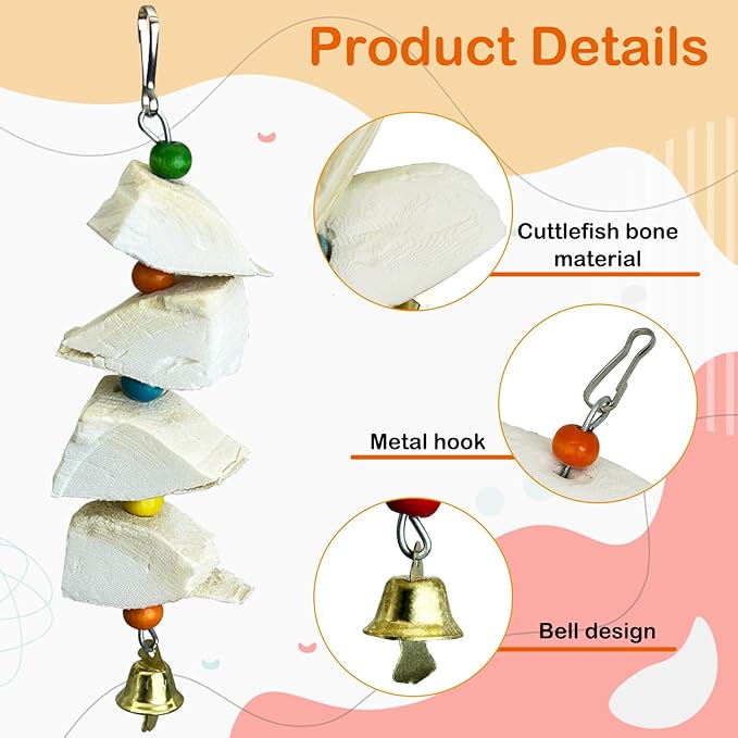 3 Pack Bird Chewing Toy Cuttlebone Parrot Toy with Bell Hanging Bird Beak Grinding Stone Parakeet Cage Accessories for Small Budgies Lovebirds Cockatiels (Block, 4 Per Skewer)