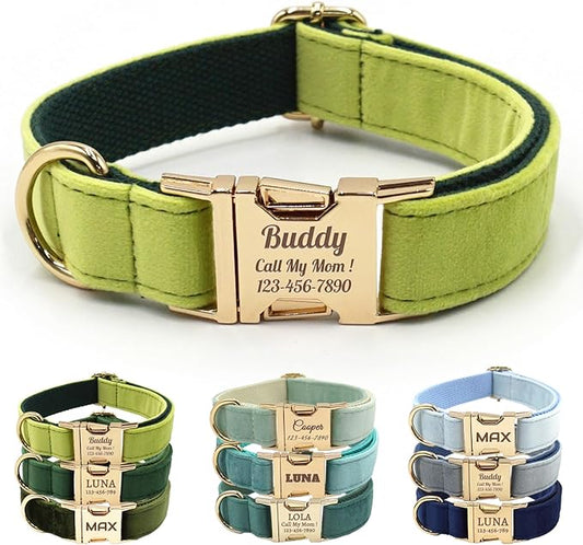 Velvet Personalized Dog Collar with Name - Customizable Dog Collar with Quick Release Metal Buckle - Leash and Bow Tie Available (Avocado Green, M)