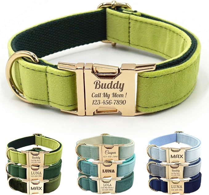Velvet Personalized Dog Collar with Name - Customizable Dog Collar with Quick Release Metal Buckle - Leash and Bow Tie Available (Avocado Green, L)
