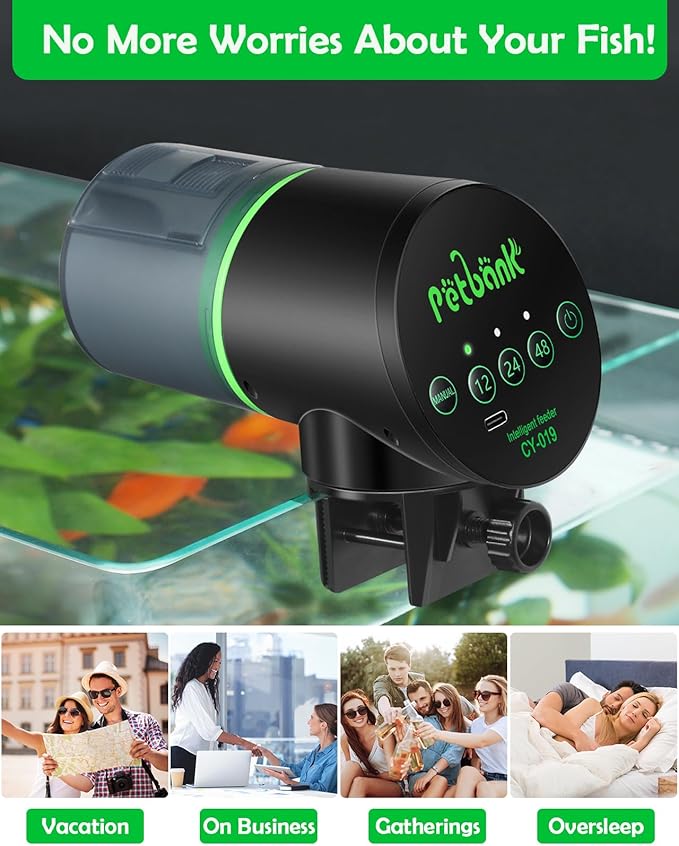 Automatic Fish Feeder for Aquarium - Auto Fish Food Dispenser Rechargeable for Small Large Tank with USB Charger Cable，12/24/48H Interval Esay Set Up (Black, CY-019)