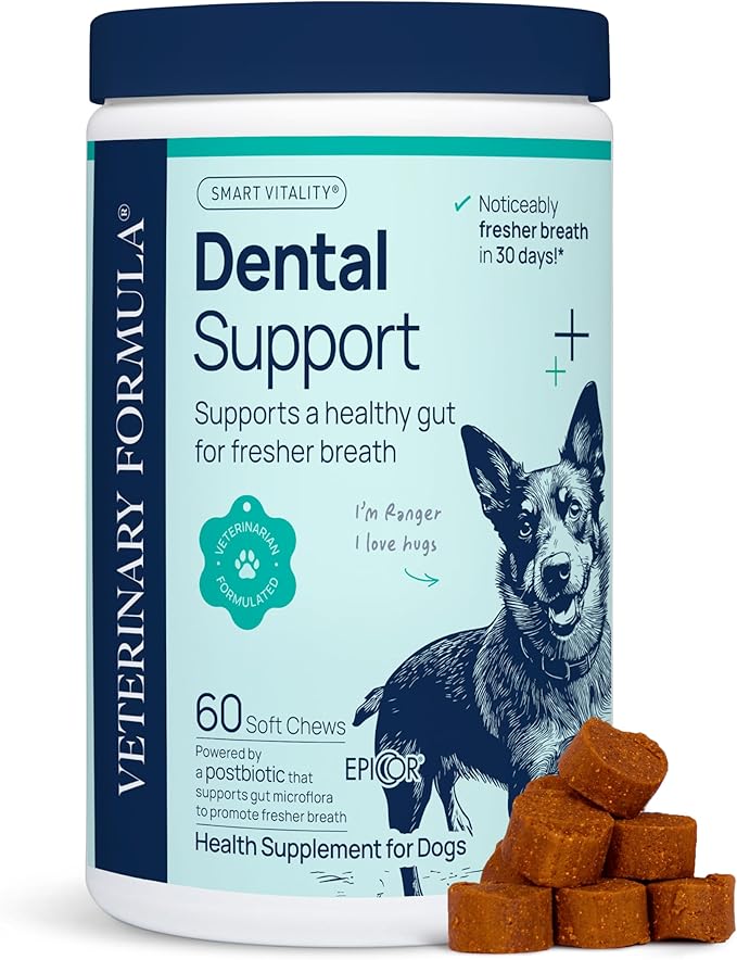 Veterinary Formula Dental Health Supplement for Dogs – Vet-Formulated Chews with EpiCor® & Kelp – Smart Vitality Supports Plaque, Tartar, Breath & Oral Health, 60 Soft Chews