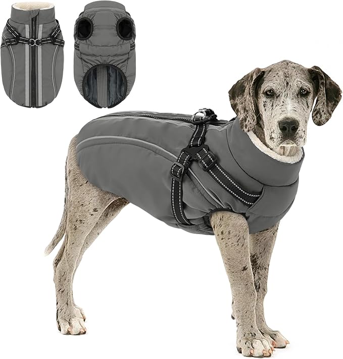Dog Winter Coat with Harness Built in Warm Puffer Dog Jackets for Small Medium Large Dogs Windproof Waterproof Outfit with Plush Lining and Reflective Stripes (Grey, 2XL)