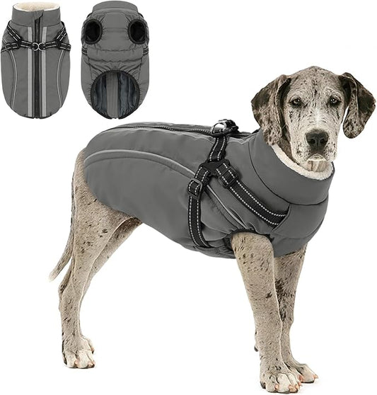 Dog Winter Coat with Harness Built in Warm Puffer Dog Jackets for Small Medium Large Dogs Windproof Waterproof Outfit with Plush Lining and Reflective Stripes (Grey, 2XL)