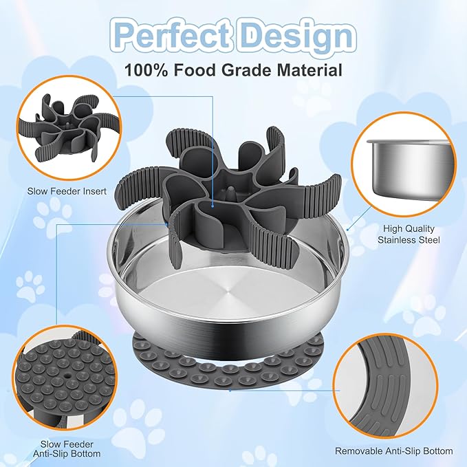2-in-1 Slow Feeder Dog Bowls, Stainless Steel Pet Bowls with Silicone Slow Feeder Insert, Removable Non-Slip Rubber Base for Small, Medium, and Large Dogs to Slow Down Eating (Large Breed)