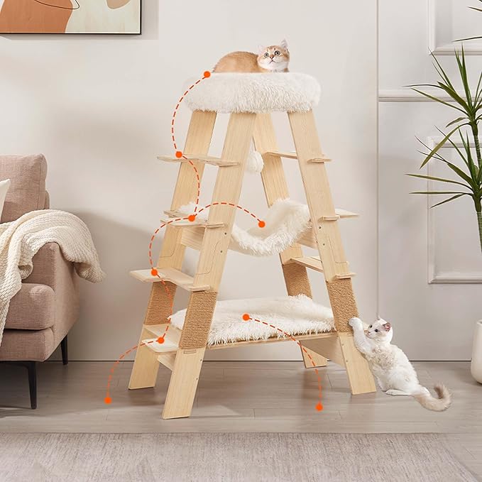 unipaws Pyramid Cat Tree, 5-Level Wooden Cat Ladder, Sturdy Tall Cat Climbing Tower with Cozy Hammock for Kittens and Indoor Cats