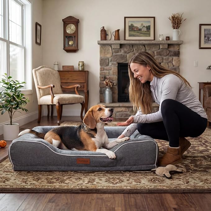 Orthopedic Dog Beds Large Sized Dog with Removable Faux Fur Washable Covers,Waterproof Pet Couch Bed with Cooling Gel Memory Foam and Bolster Side for Big Breed Pets,36" Dark Grey