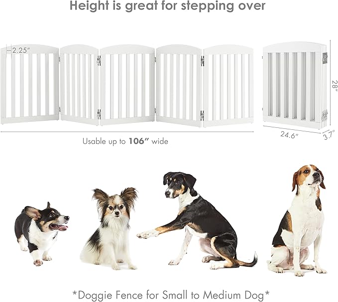 SPIRICH 120" Extra Wide 28" Tall Dog Gate Indoor, Dog Gates for Doorways, Stairs, The House, Wooden Freestanding Foldable Pet Gate, Step Over Puppy Gate, 5 Panels, White