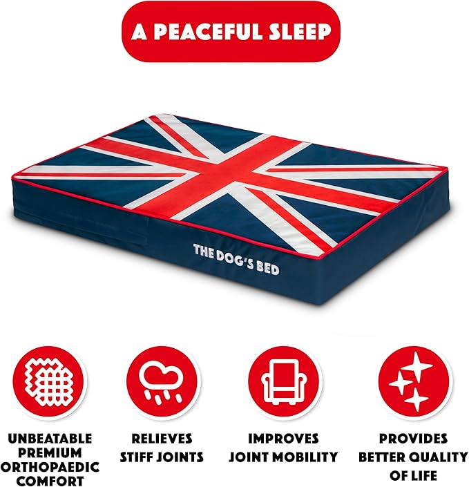 The Dog’s Bed Orthopedic Memory Foam Dog Bed, Medium Blue & Red Trim UK Center Flag, Pain Relief for Arthritis, Hip & Elbow Dysplasia, Post Surgery Supportive, Waterproof Washable, Veterinary Approved