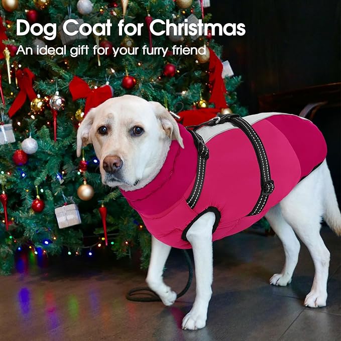 SUNFURA Large Dog Coat with Harness Built in, Warm Dog Jacket Waterproof Pet Winter Coat Snowsuit for Cold Weather, Reflective Fleece Jacket for Large Dogs, Border Collie, Hot Pink XL