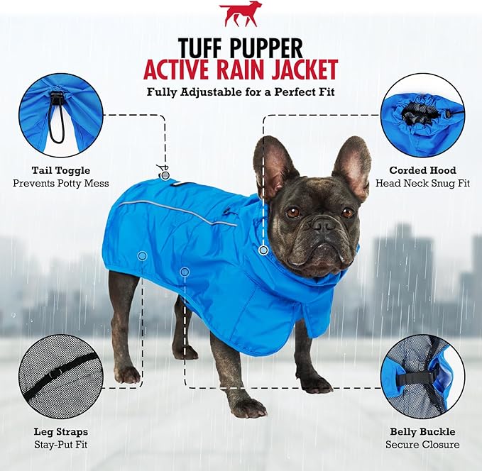 Tuff Pupper Waterproof Dog Raincoat | Full-Body Windproof Rain Jacket for Dogs | Reflective Strips | Breathable Mesh Lining | Adjustable Fit | Leash Port | Small Medium Large XL XXL Dogs (Blue, XS)