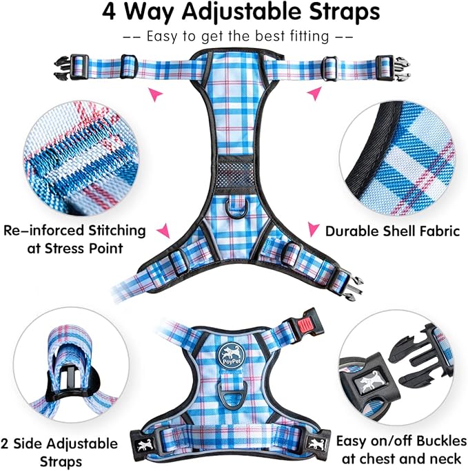 PoyPet Plaid Dog Harness, No Pull Front Clip Pet Vest Harness, Soft Padded Reflective Adjustable Walking Harness with Handle for Large Medium Small Dogs(Checkered Blue, M)