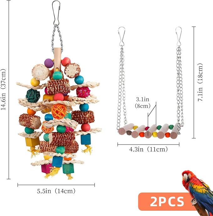 2 pcs Parrot Toys, Natural Corn Cob Bird Chewing Toys and Bird Swing Toy, Bird Cage Accessories for Cockatiels, African Grey Parrots, Macaws, Sun Conure to Exercise Beak Strength