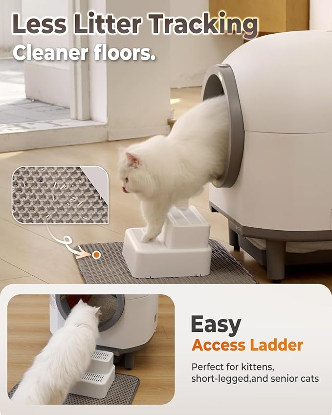 Self Cleaning Litter Box, 100L Automatic Cat Litter Box for Multiple Cats, Smart APP Control, with Trap Mat & Ramp, White (Pro Model)