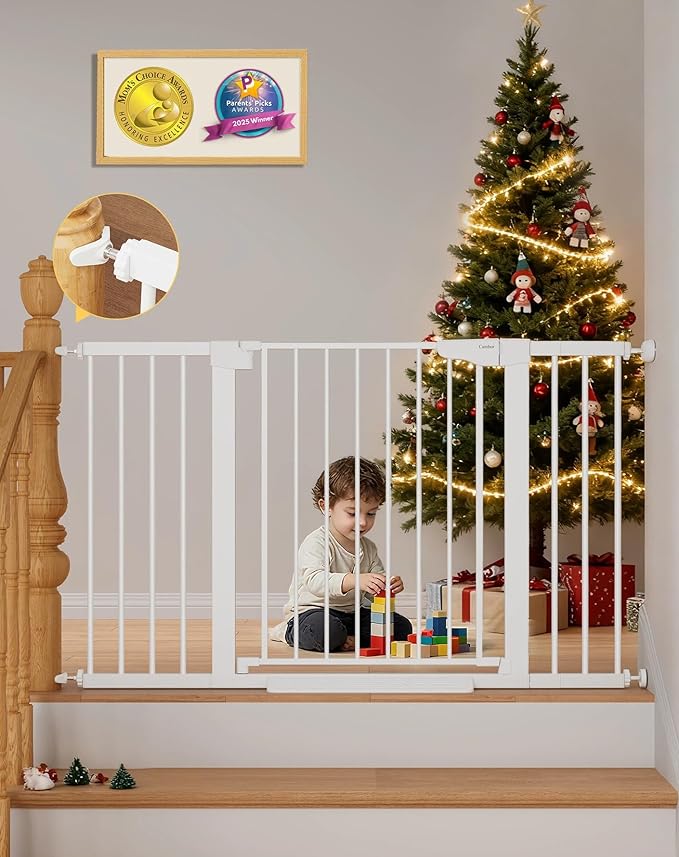 Cumbor 29.7"–51.5" Extra Wide Baby Gate for Stairs, Pressure-Mounted Dog Gates for Doorways & Hallways, Auto-Close Walk-Through, No-Trip Design, Child Proof Safety, Dog/Pet Gate for Indoor Use, White