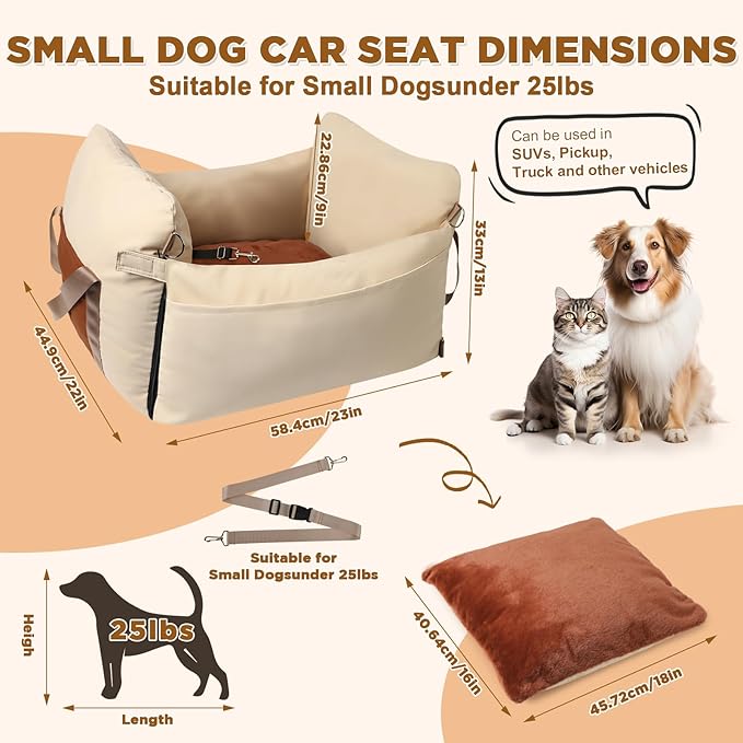 Dog Car Seats for Small Dogs, Waterproof Puppy Car Seat with Side Handles and Large Pockets, Clip-On Safety Leash and PP Cotton Filling, Pet Booster Seat for Small Dog up to 25lbs (Apricot)