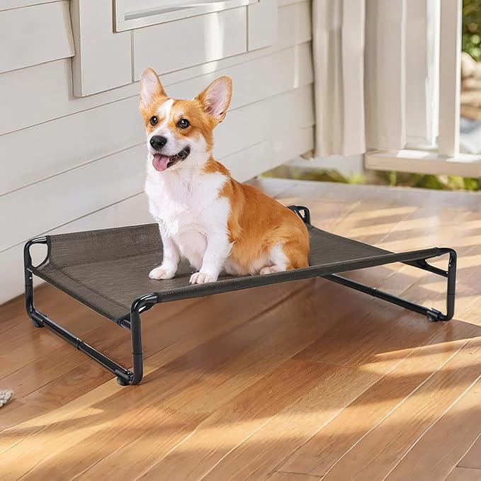 Veehoo Original Outdoor Elevated Dog Bed, Cooling Raised Dog Cot for Medium Dogs, Portable Standing Pet Hammock Platform with Washable Breathable Mesh, No-Slip Feet, Medium, Brown, CWC2201