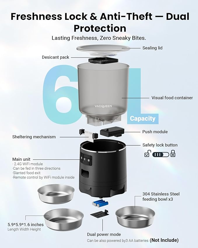 Automatic Cat Feeder for 3 Cats, 6L/25 Cup Cat Food Dispenser with Strong Anti-Jam System, Dual-Effect Desiccant, Smart WiFi App Control Pet Feeder, Automatic Dog Feeder for Cats and Small Dog