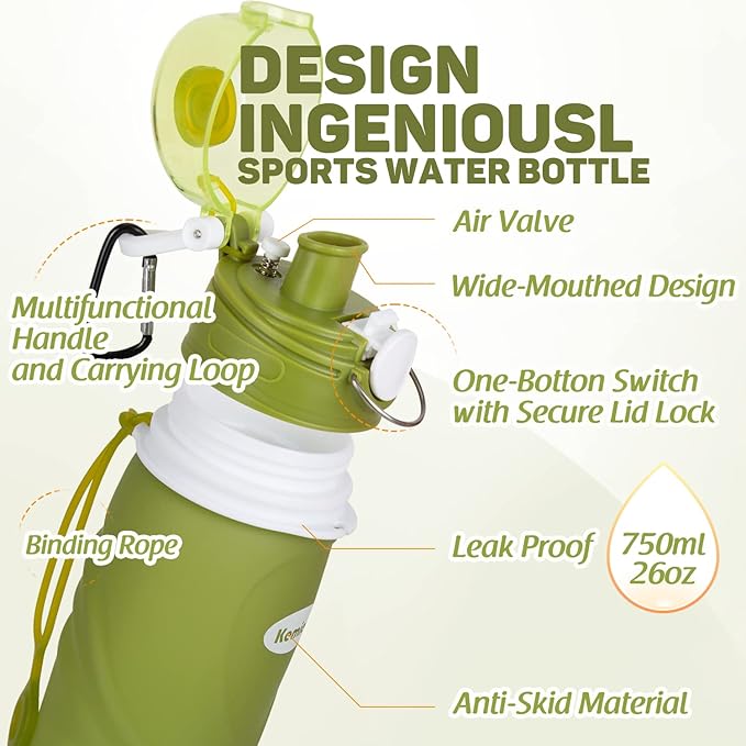 Kemier Collapsible Silicone Water Bottles-750ML,Medical Grade,BPA Free Travel Water Bottle Can Roll Up,26oz,Leak Proof Foldable Sports & Outdoor Water Bottles