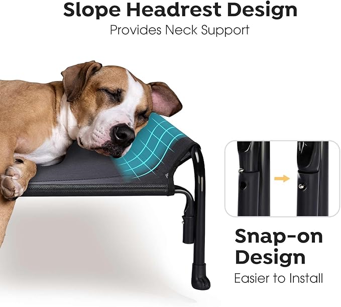 Veehoo Outdoor Elevated Dog Bed, Raised Dog Cot for Large Dogs, Cooling Washable Waterproof Pet Hammock Beds with Slope Headrest, Breathable Mesh and Sturdy Frame, Large, Black, CWC2204
