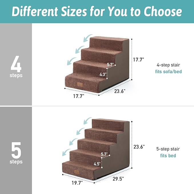 Dog Stairs for Small Dogs 5-Step, 19.7" Extra Wide Right-Angle Pet Stairs for Couch and Beds, Anti-Slip Dog Steps for Old Cats and Lowrider, 19.7x29.5x23.6 inch, Brown