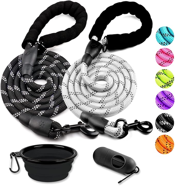 COOYOO 2 Pack Dog Leash 6 FT Heavy Duty - Comfortable Padded Handle - Reflective Dog Leash for Medium Large Dogs with Collapsible Pet Bowl