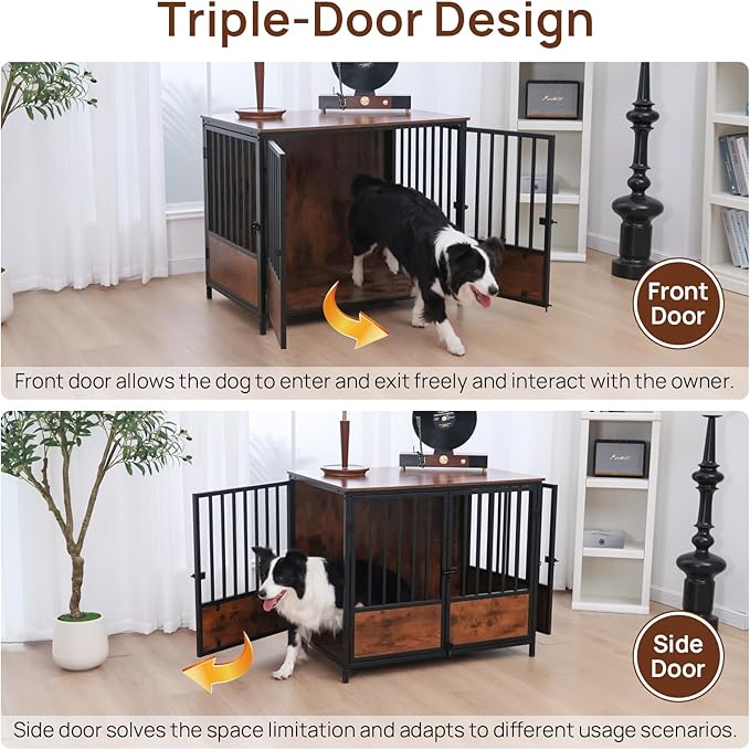 37.4" Wooden Dog Crate Furniture – Chew-Resistant Kennel for Medium/Large Breeds,3-Door Indoor Kennel with 3.1" Raised Feet, Multi-Functional TV Stand & End Table