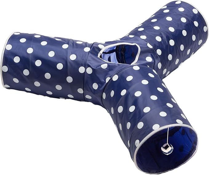 Cat Tunnel - Collapsible 3 Way Polka Dot Play Toy - Tube Fun for Rabbits, Kittens, and Dogs - Polka Dot Navy/White