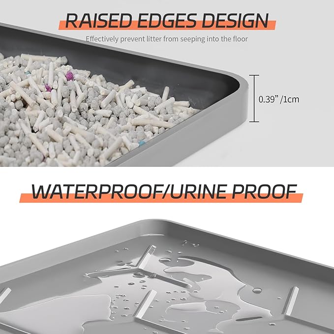 Silicone Cat Litter Mat with Raised Edges, Waterproof/Urineproof, Litter-Collecting Interior Ridges, Soft & Pet-Friendly (24"x16"-Grey)