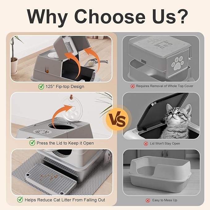 Stainless Steel Litter Box with Lid, XL Extra Large Litter Box, Enclosed Top Entry Metal Litterbox for Big Cats, Easy Cleaning, Less Leakage & High Sided with Mat, Aisle & Scoop, Light Grey