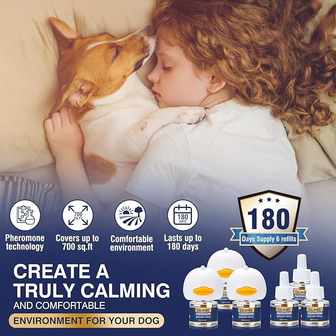 Dog Pheromones Calming Diffuser Kit Appeasing Pheromone Diffuser to Calm (3 Plug in+ 6 Pack 48ml Refill) for Anxiety Relieve Relief Reduce Aggression Fighting Barking Stress 180 Day Supply (Tasteless)