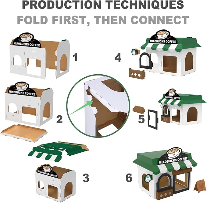 Cardboard Cat House with Scratcher – Coffee Shop Design, 19''L x16''W x15''H, Indoor/Outdoor Cat Playhouse & Hideout, Corrugated Cat Scratch Toy for Cats up to 22 lbs, Small Pets, Cute Home Decor Gift