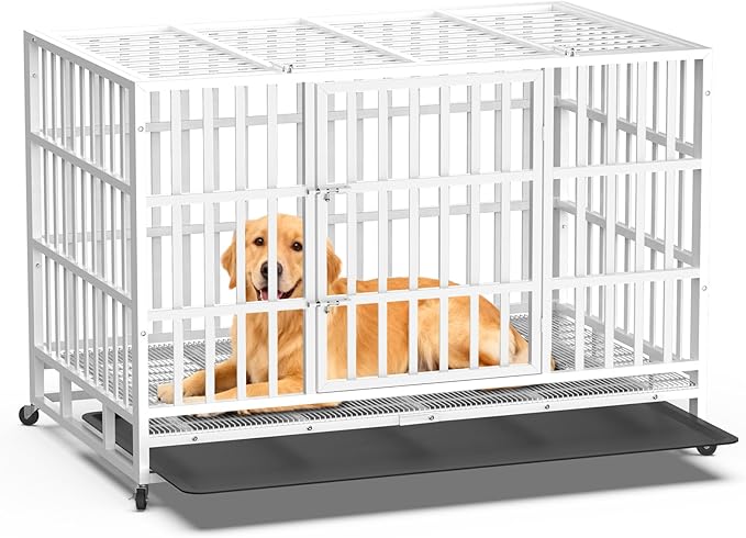 Heavy Duty Dog Crate 48 Inch, Indestructible Dog Crate with Removable Tray, Escape Proof & High Anxiety Dog Kennel Indoor, Metal Dog Cage with Wheels for Large Dogs, XL XXL XXXL