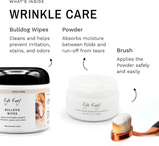 Eye Envy Bulldog Wrinkle Cleaner & Nose Care Kit. Bulldog Wrinkle Wipes, Tear Stain Powder, Applicator Brush & Dog Nose Balm. Cleans Skin Folds. Removes Stains. Helps Cracked Noses. Made in USA