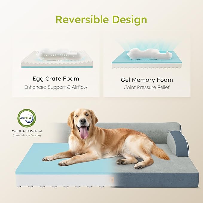 XL Plus Orthopedic Dog Bed, Big Dog Bed for Large Sized Dogs, Dual-Sided Pet Cooling Beds with Memory Foam Washable Cover Nonslip Bottom, Waterproof Pet Couch with Bolster, Dark Grey