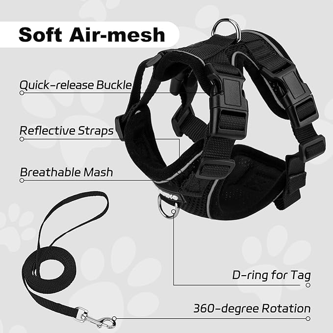 Small Dog Harness and Leash Set, No Pull Adjustable Pet Harness for Small Dogs, Breathable Mesh Rflective Dog Vest Harness (Black, M)