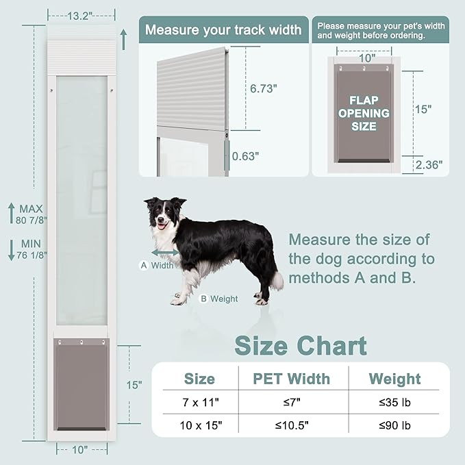 Dog Door for Sliding Glass Doors, Adjustable Height 76 1/8"-80 7/8" Aluminum Frame Tempered Sliding Door Dog Doors Insert with Lock, 10" x 15" Flap Size for Large Dogs