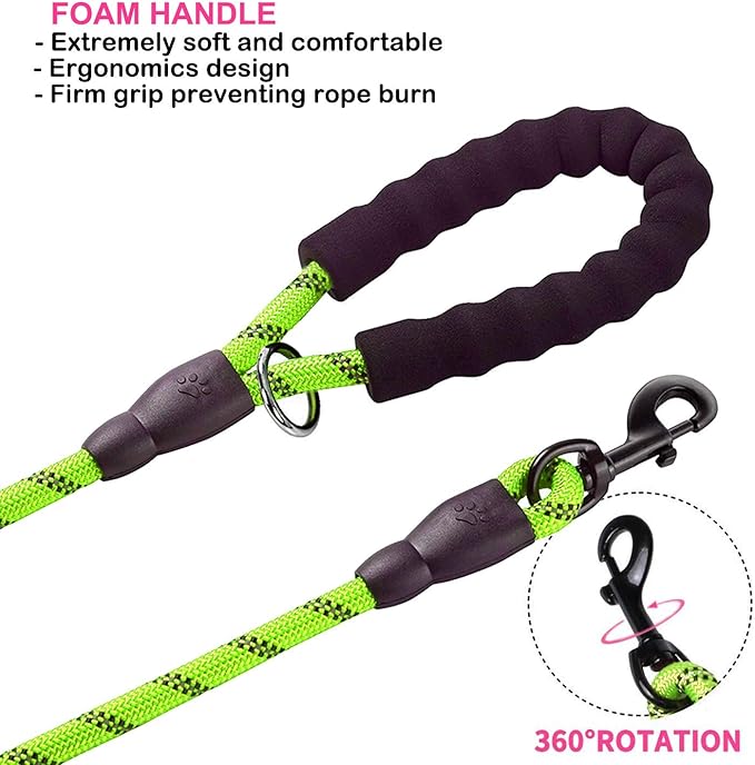 JSXD Heavy Duty Double Handle Dog Leash - 5 FT with Comfortable Padded and Reflective Rope for Small, Medium, Large Dogs (Rope-Green)